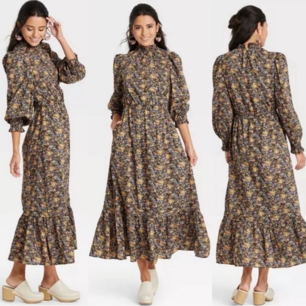 Poplin Floral Ruffle Hem Boho Cottage Prairie Dress